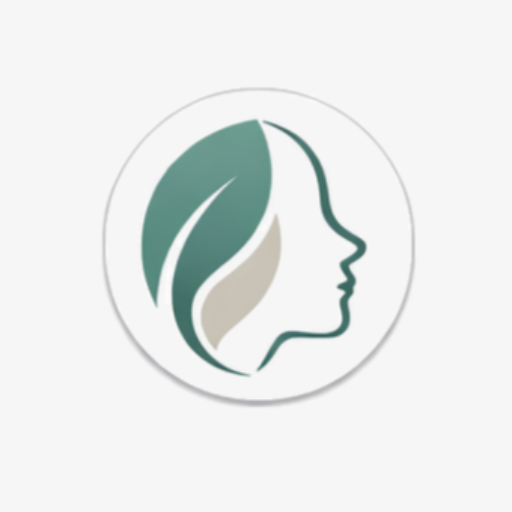 Dermaskinhub logo featuring a minimalist line-art face with a leaf symbol in soft teal, representing calm dermatologist-approved skincare hub for clear, healthy skin and a peaceful mind.