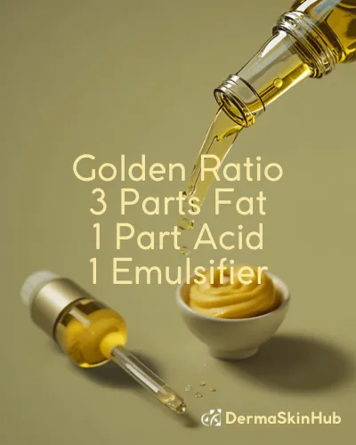 An infographic detailing the golden ratio for perfect homemade salad dressing: 3 parts fat, 1 part acid, and an emulsifier, featuring fresh ingredients by DermaSkinHub