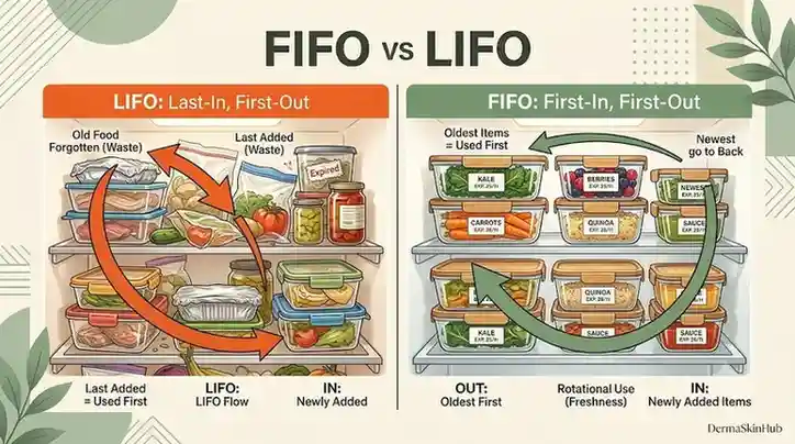 infographic comparing a messy LIFO (Last In, First Out) fridge shelf with a perfectly organized FIFO (First In, First Out) fridge shelf using clear containers and arrows