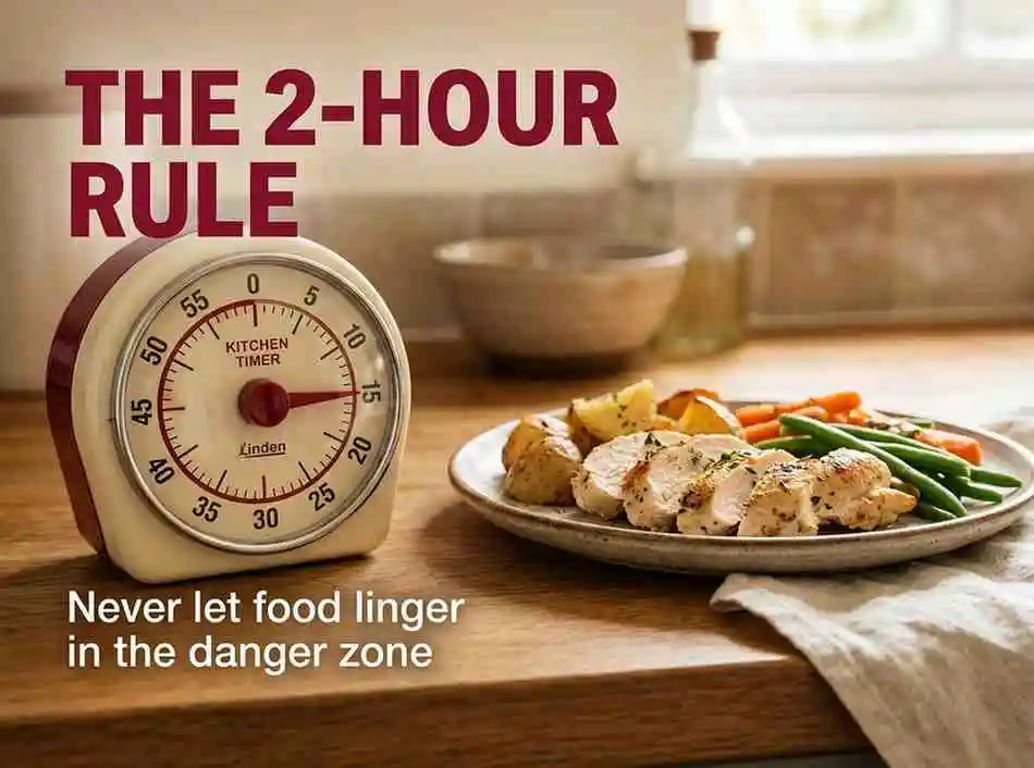 Kitchen timer beside cooked chicken illustrating the two-hour food safety rule for preventing bacterial growth.