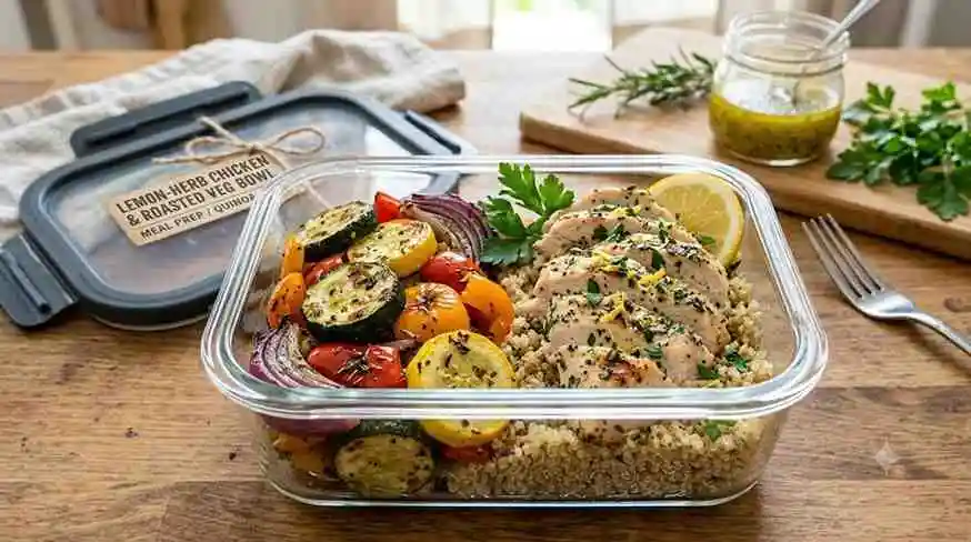 Lemon-Herb Chicken and Roasted Veg Bowls,Low Calorie Meal Prep Lunches