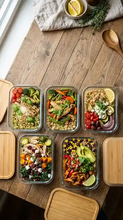 Sunday high protein meal prep spread with chicken, vegetables, quinoa, and eggs