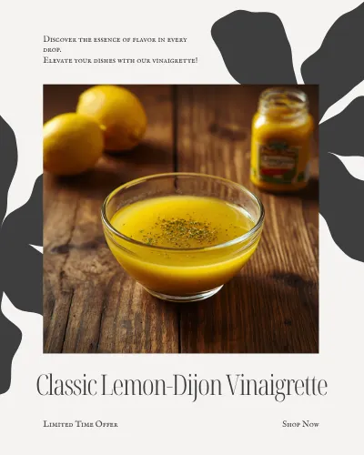 Premium recipe card for Classic Lemon-Dijon Vinaigrette featuring fresh lemon and olive oil, demonstrating professional salad dressing techniques by DermaSkinHub