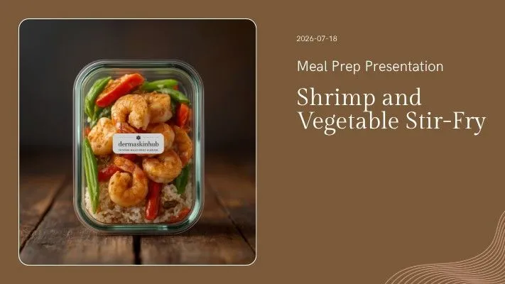 Meal prep container featuring healthy shrimp and vegetable stir-fry with snap peas, bell peppers, and brown rice on a wooden kitchen table by dermaskinhub