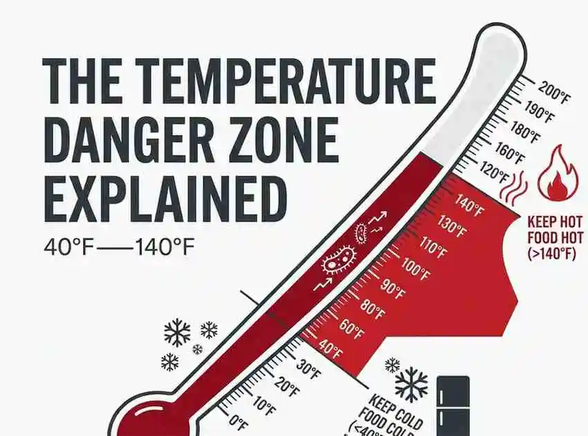 Food temperature danger zone chart showing the safe range between 40°F and 140°F to help prevent foodborne illness.