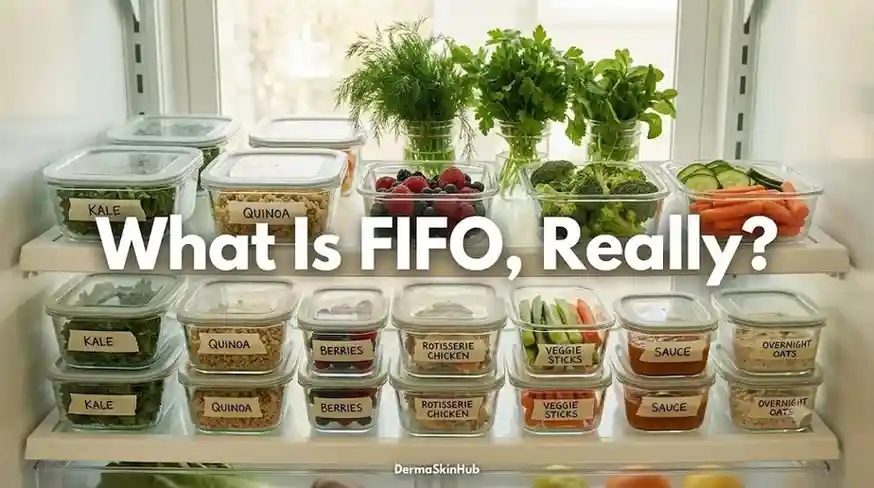 view of a perfectly organized refrigerator shelf with glass containers and masking tape labels, featuring the text 'What Is FIFO, Really?FIFO food storage