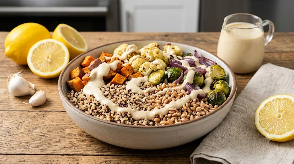 A rich, dairy-free tahini lemon dressing drizzled over beautifully roasted vegetables and a healthy grain bowl, surrounded by fresh lemons and garlic. Premium food photography by DermaSkinHub.