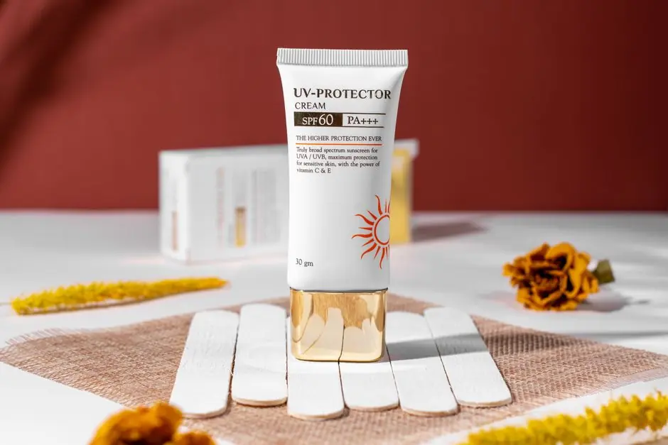 Close-up of SPF 60 UV protection cream for skincare, featuring floral accents and a natural setting.