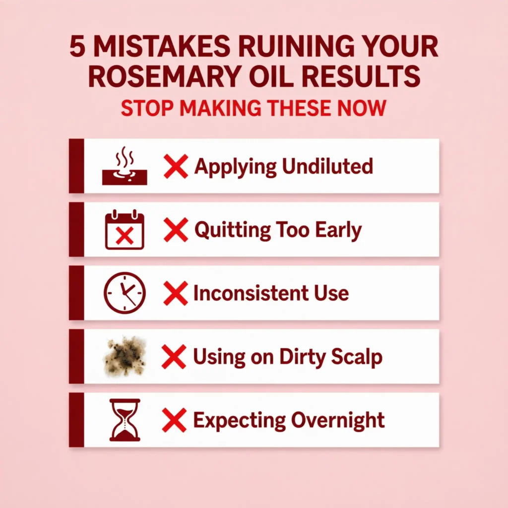 Infographic showing 5 common mistakes to avoid when using rosemary oil
for hair growth. Red warning design with white cards. Mistakes include
applying undiluted, quitting early, inconsistent use, dirty scalp, and
unrealistic expectations.