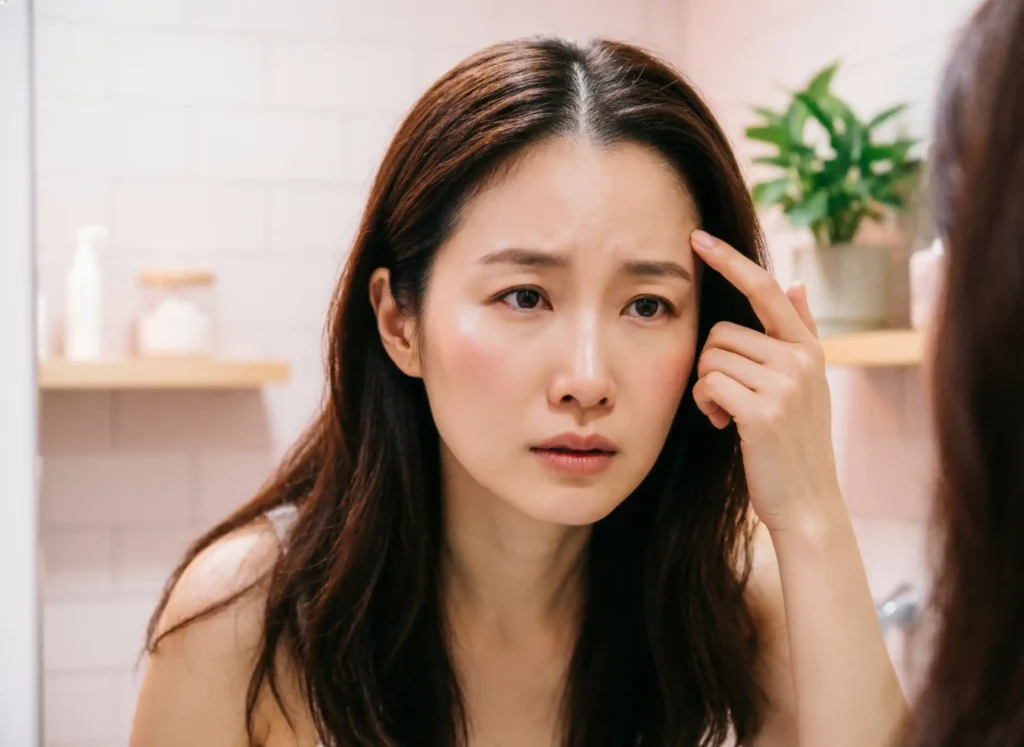 Emotional image of woman concerned about thinning hairline looking in
mirror. Rosemary oil natural hair growth solution. Warm intimate lighting.