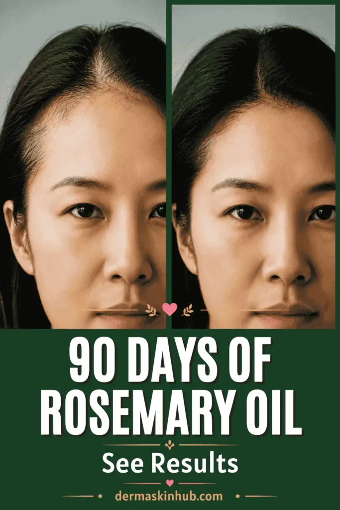 Before and after photos showing hairline transformation after 90 days of
using rosemary oil for hair growth. Thinner hairline on left, fuller thicker
hairline on right. Natural remedy for female hair loss.