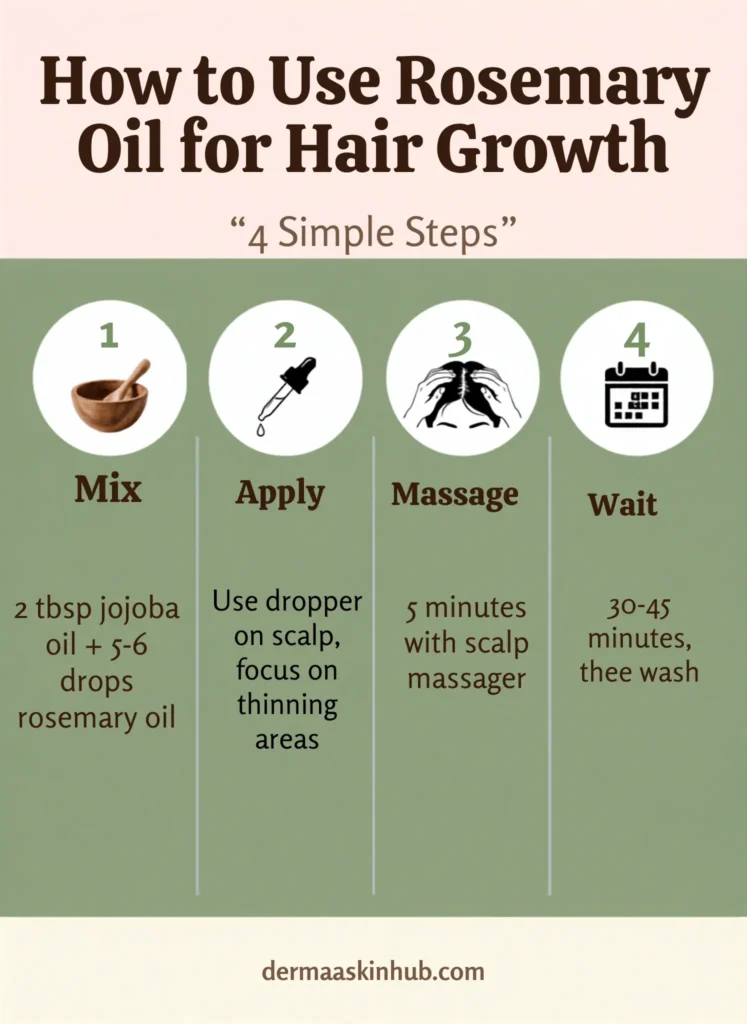 Infographic showing 4-step rosemary oil hair growth routine: mix oils, apply
to scalp, massage 5 minutes, wait 90 days. Clean sage green and cream design.