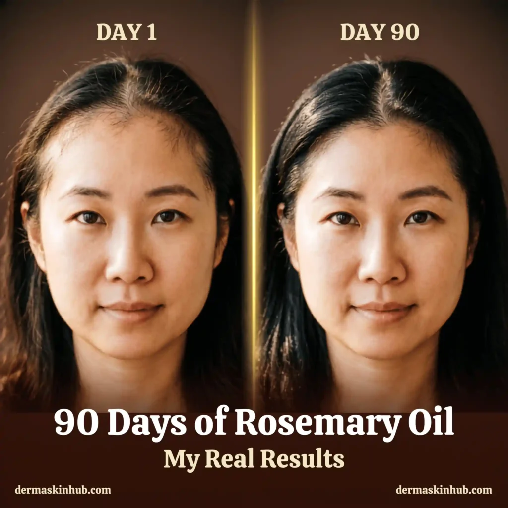 Before and after hair growth transformation showing Day 1 thin hairline
versus Day 90 fuller thicker hairline after using rosemary oil for 90 days.
Real results, no filter.