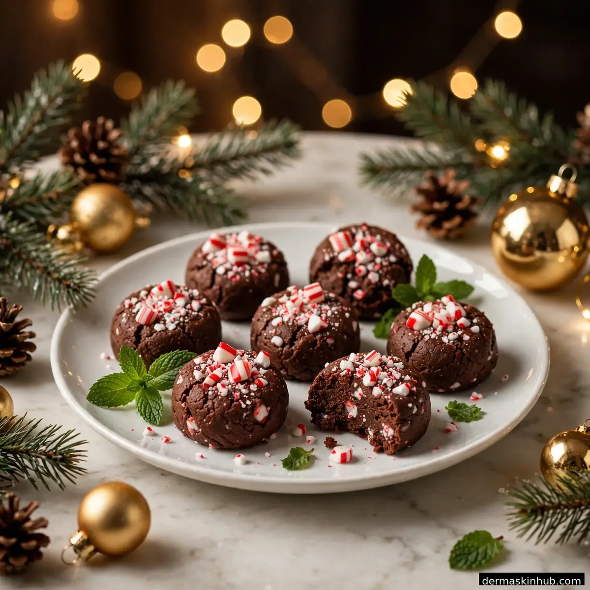 Plate of peppermint Christmas cookie bites with holiday decor
