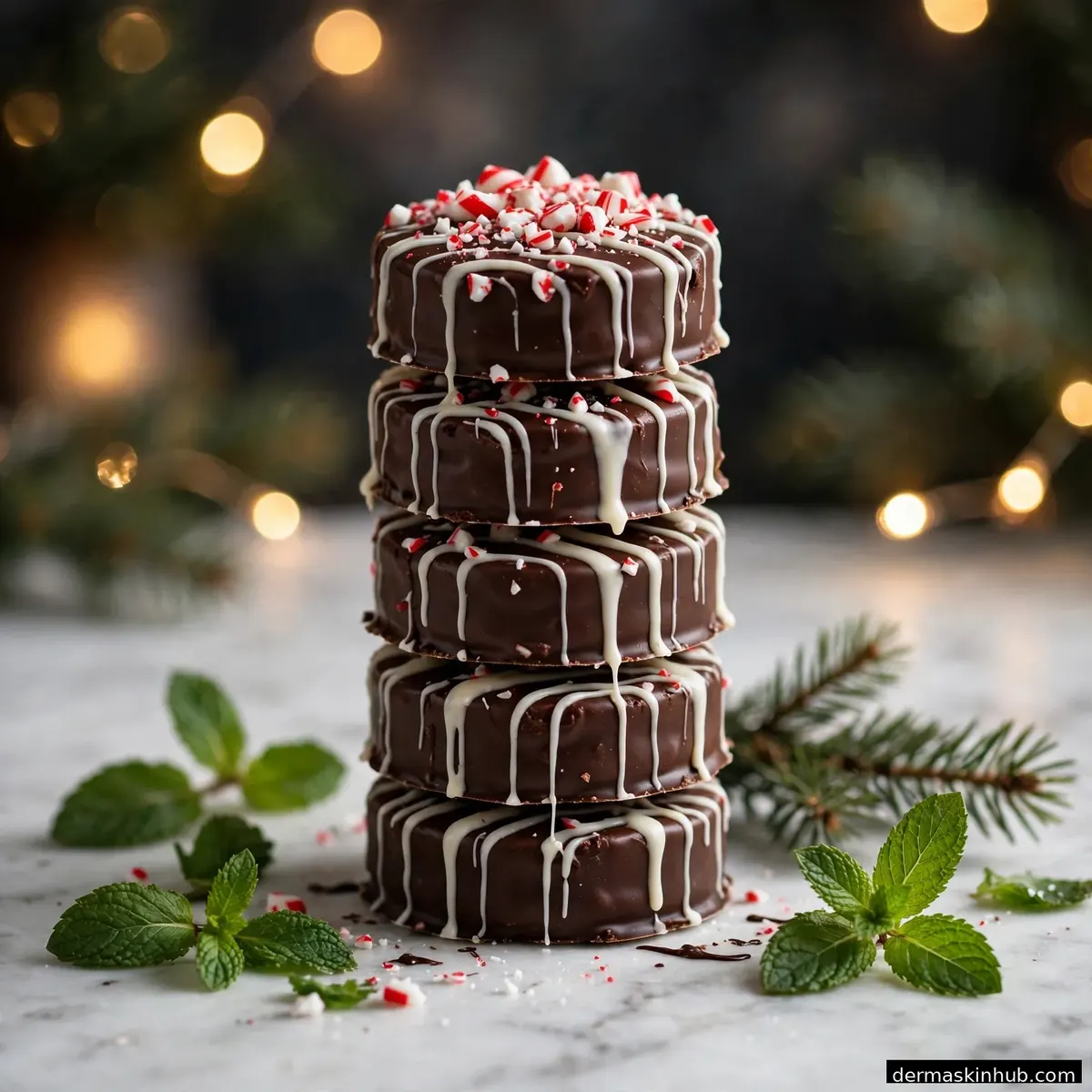 No-bake peppermint chocolate cookie bites stacked on marble