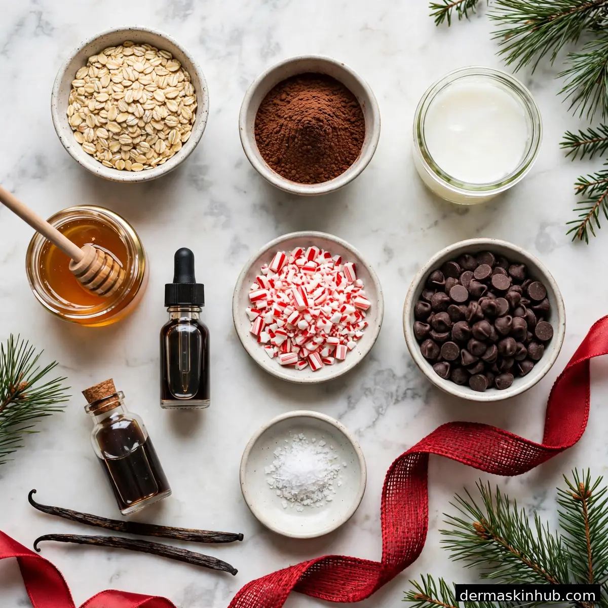 Ingredients for no-bake peppermint cookie bites on marble
