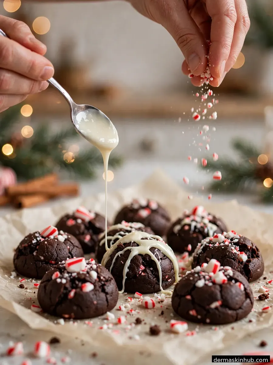 Drizzling white chocolate over peppermint cookie bites