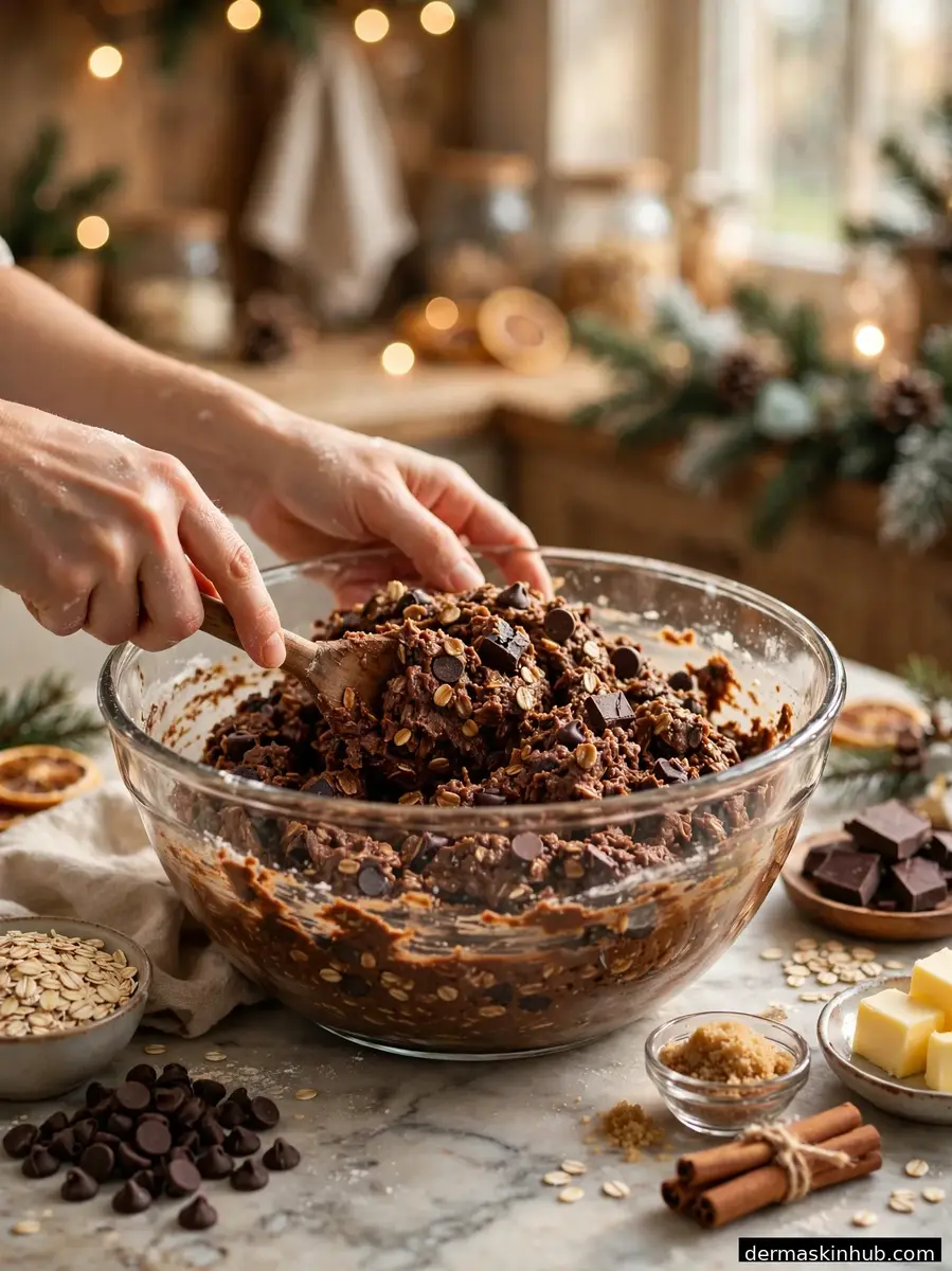 Mixing chocolate oat cookie dough in a glass bowl