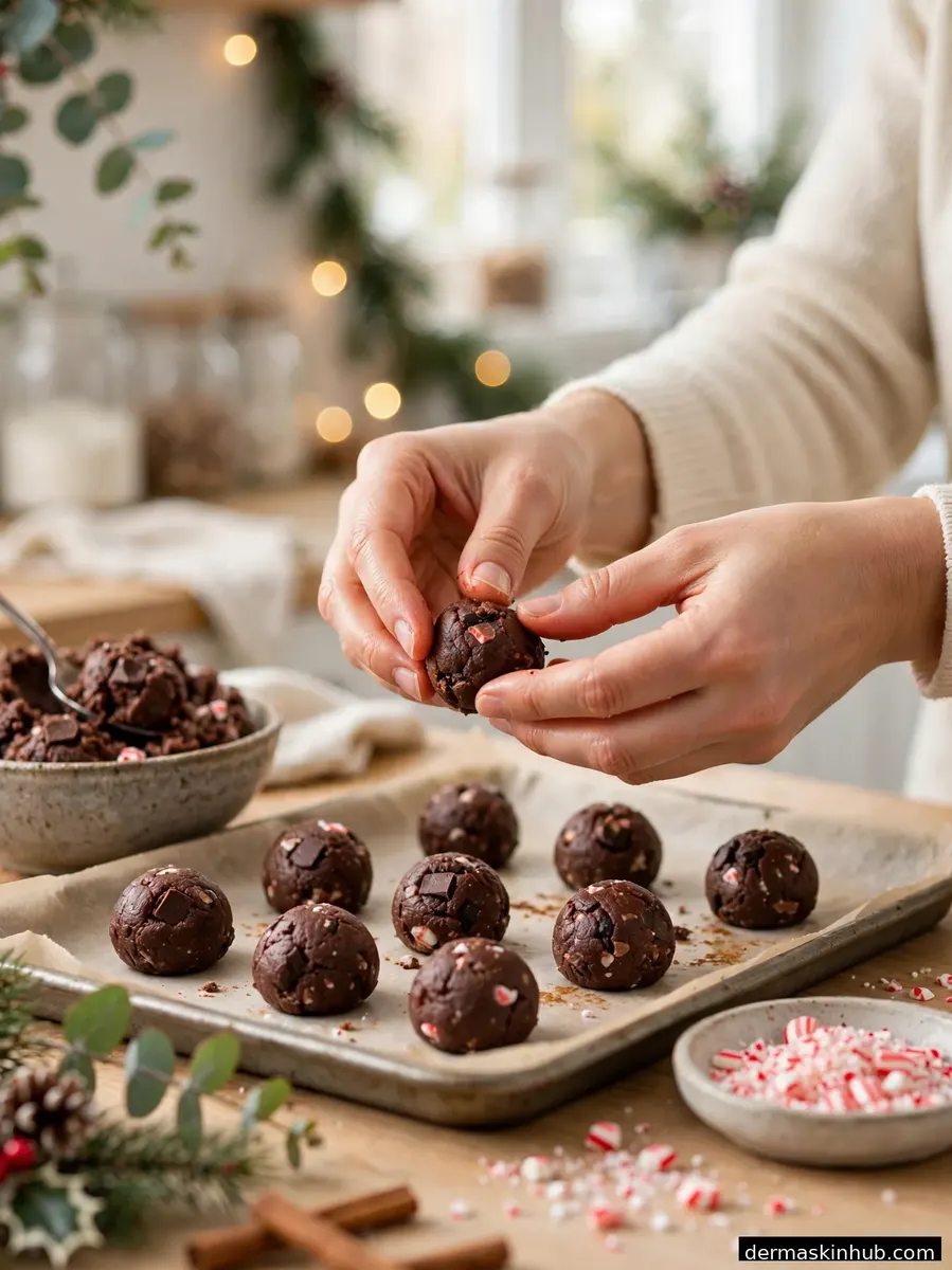 Rolling cookie dough balls on a parchment tray