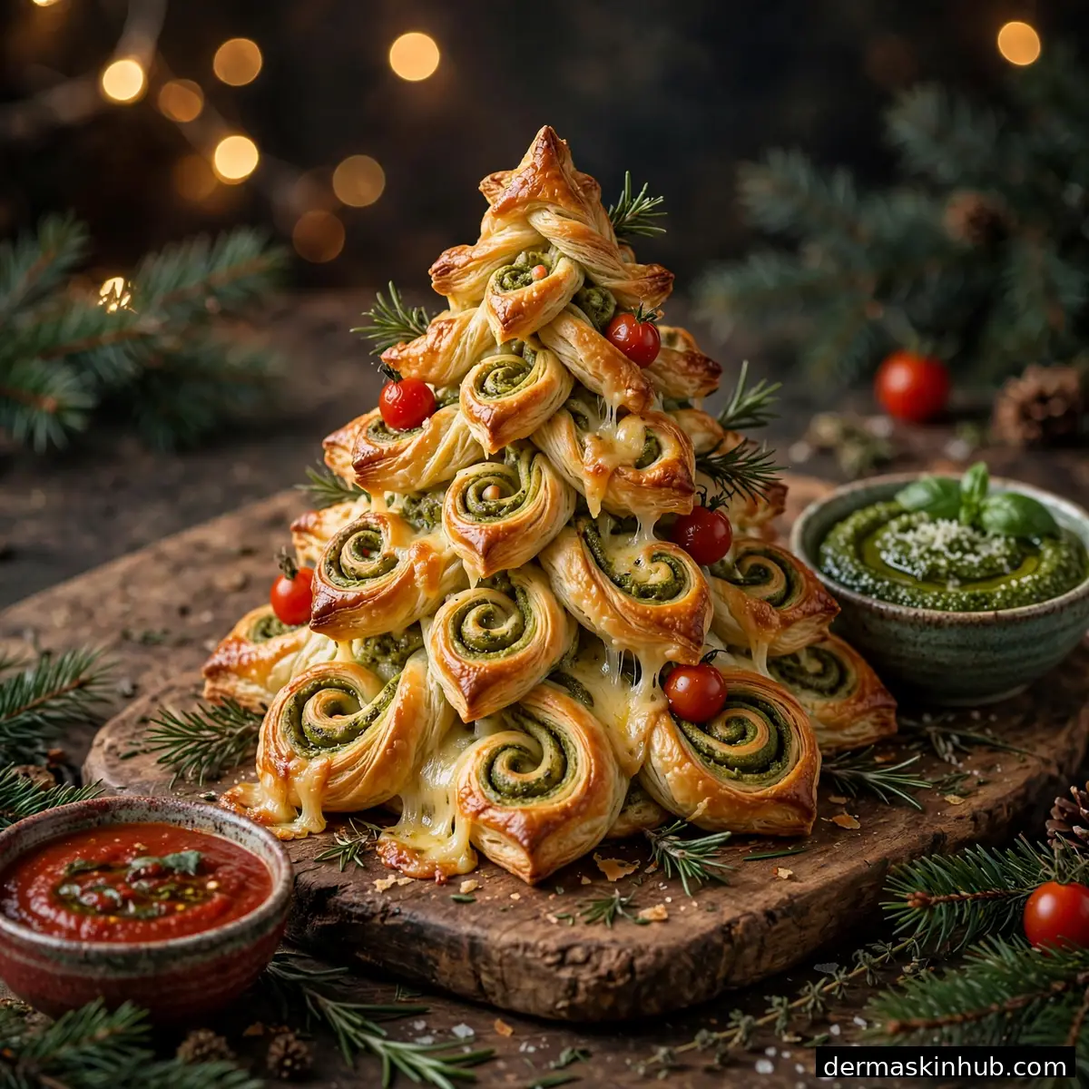Baked Christmas tree puff pastry on a wooden board with dips