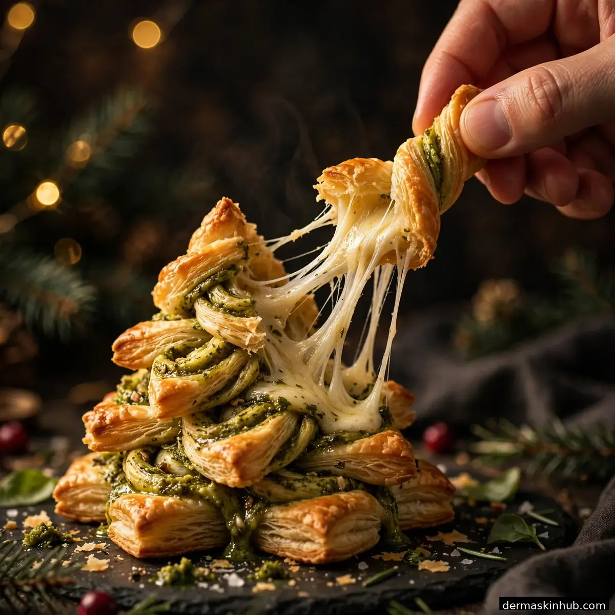 Pulling a cheesy branch from the Christmas tree pastry