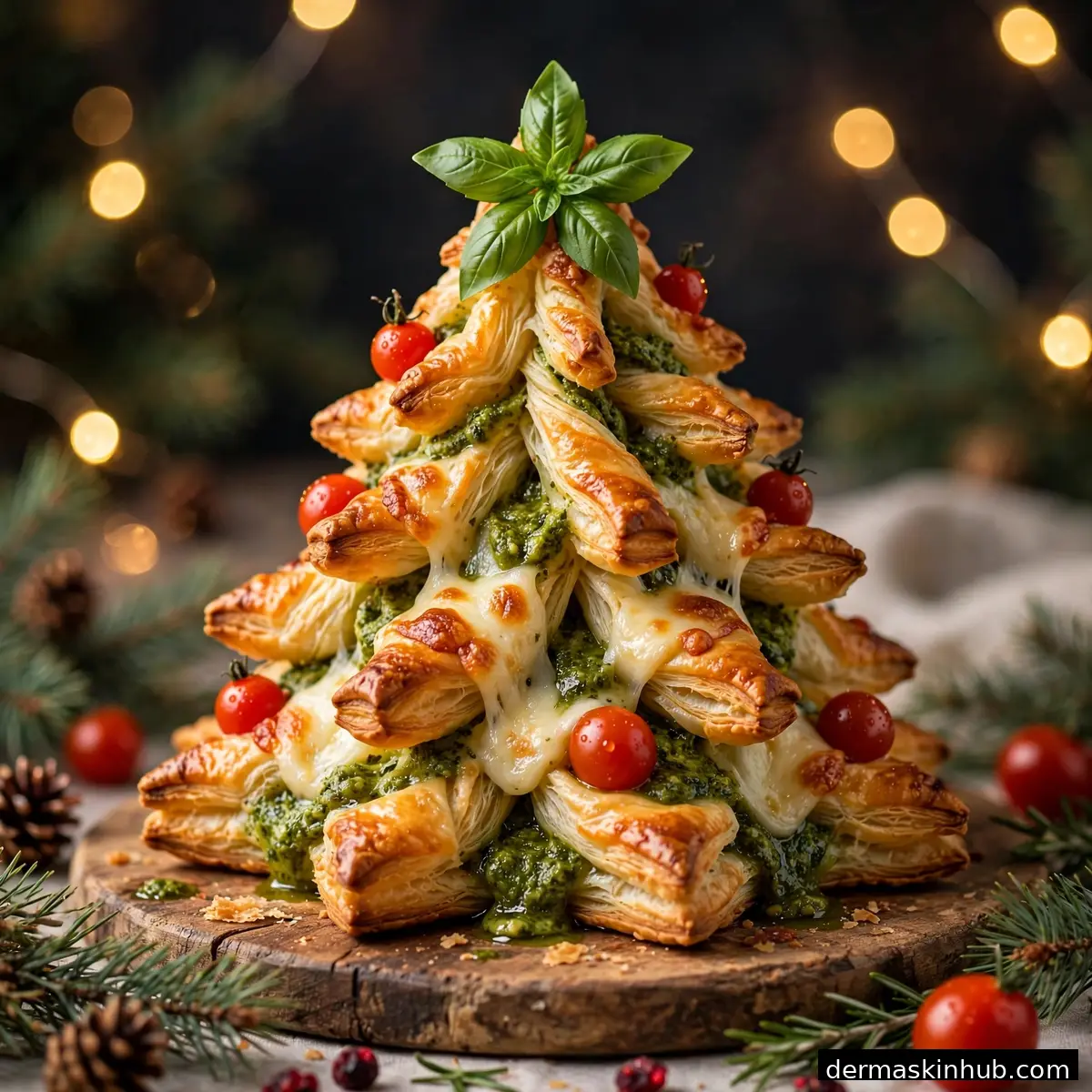 Christmas tree puff pastry appetizer with pesto and mozzarella