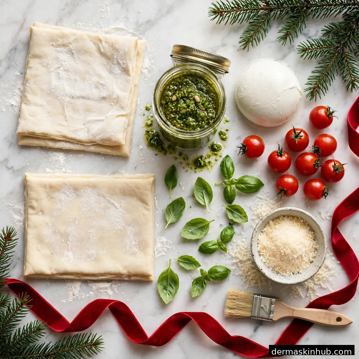 Ingredients for Christmas tree puff pastry on marble