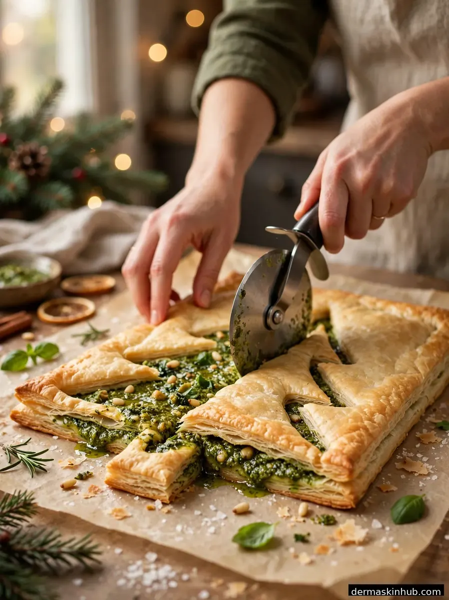 Cutting a Christmas tree shape from layered puff pastry