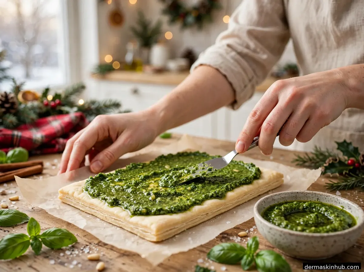 Spreading basil pesto over puff pastry sheet