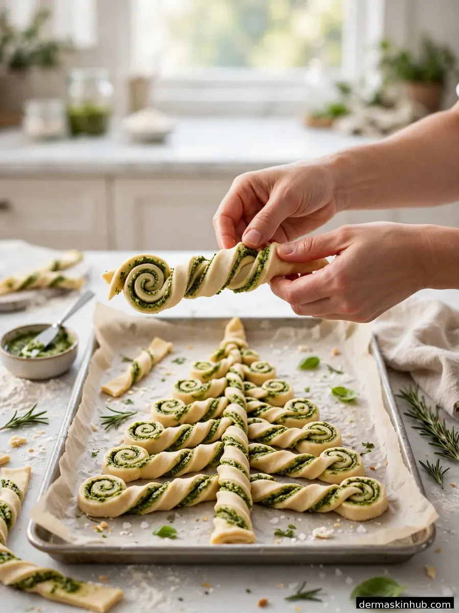 Twisting puff pastry strips into tree branches