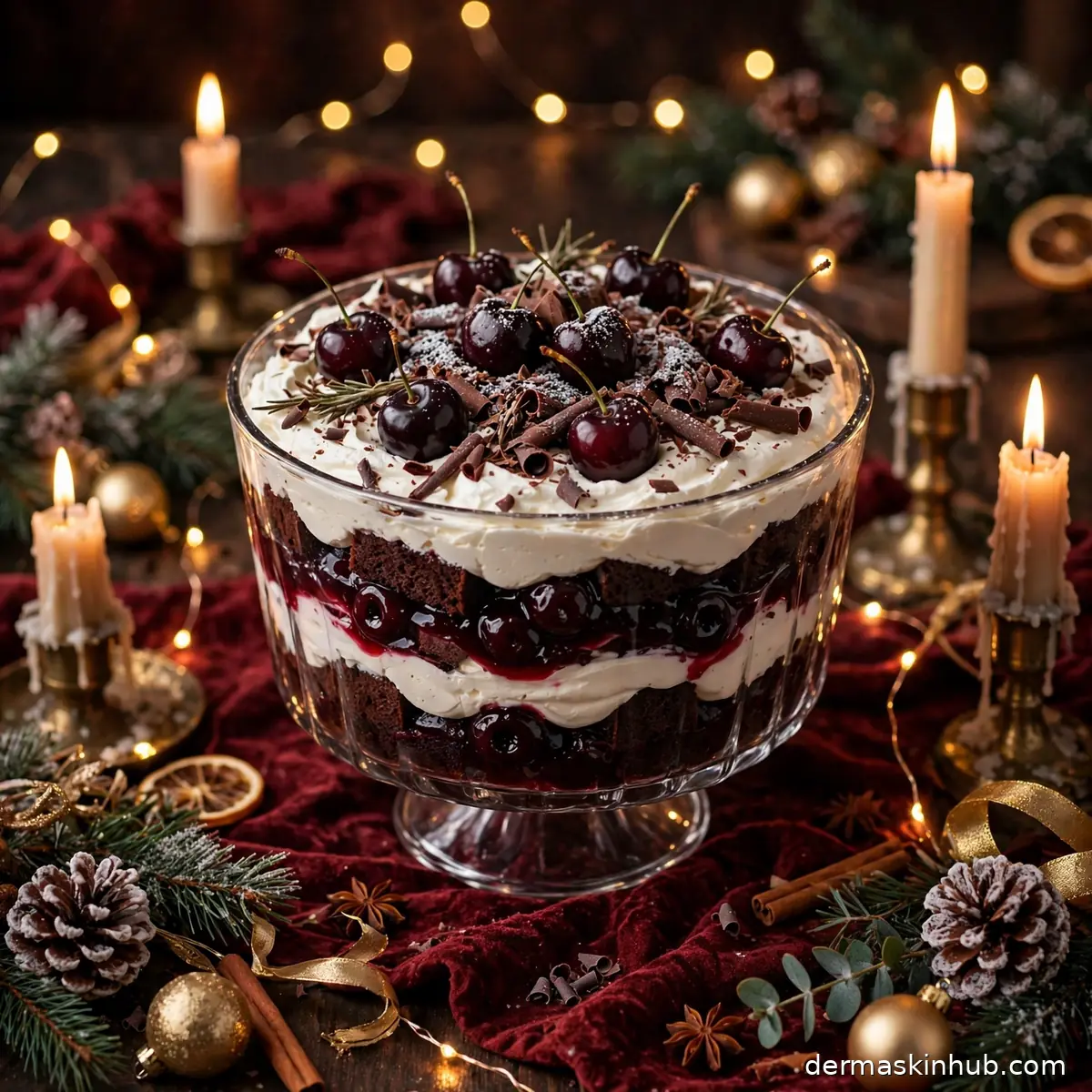 Dark cherry trifle on a Christmas dessert table with candles and fairy lights