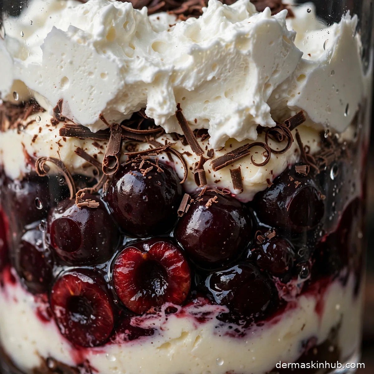 Close-up of dark cherry and cream layers with chocolate shavings in a trifle glass