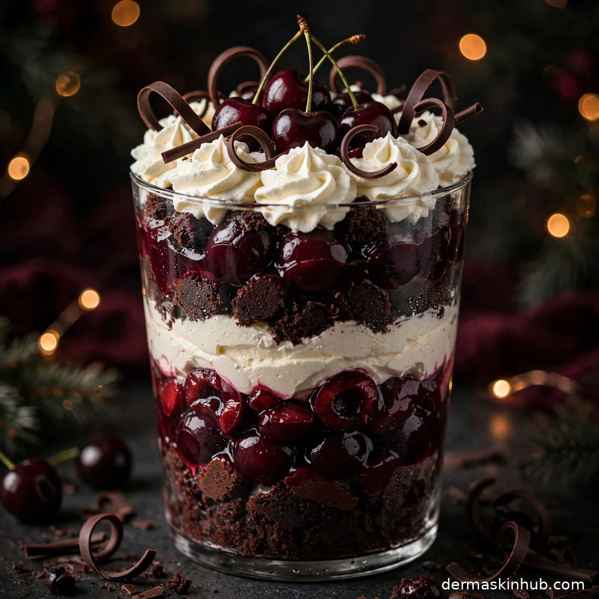 Dark cherry black forest trifle layered in a tall glass with whipped cream and chocolate shavings