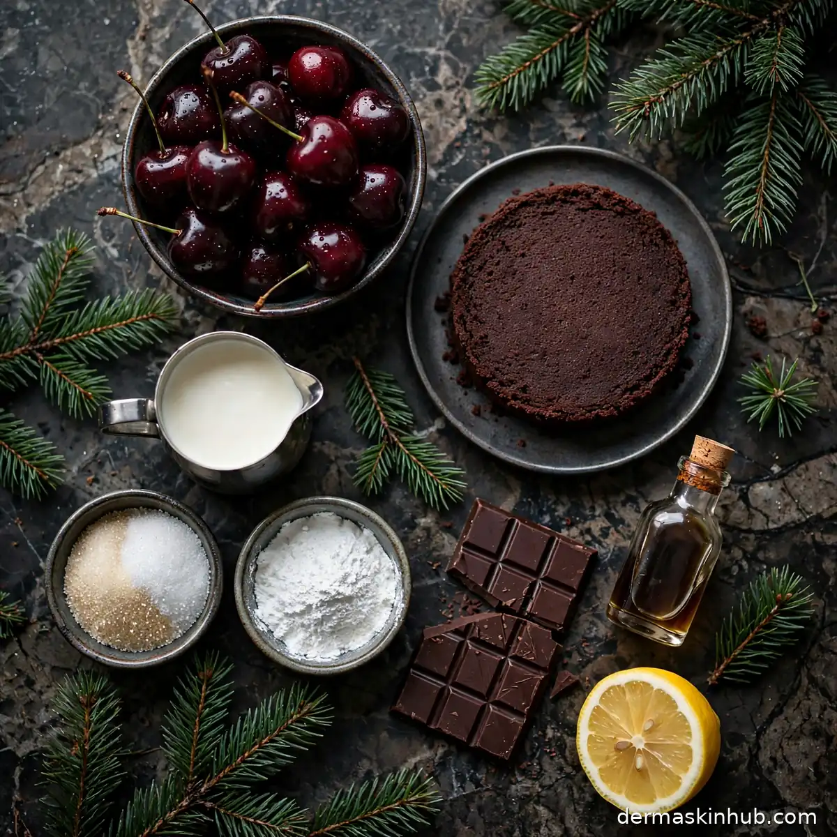 Ingredients for dark cherry trifle: dark cherries, chocolate cake, cream, sugar and dark chocolate