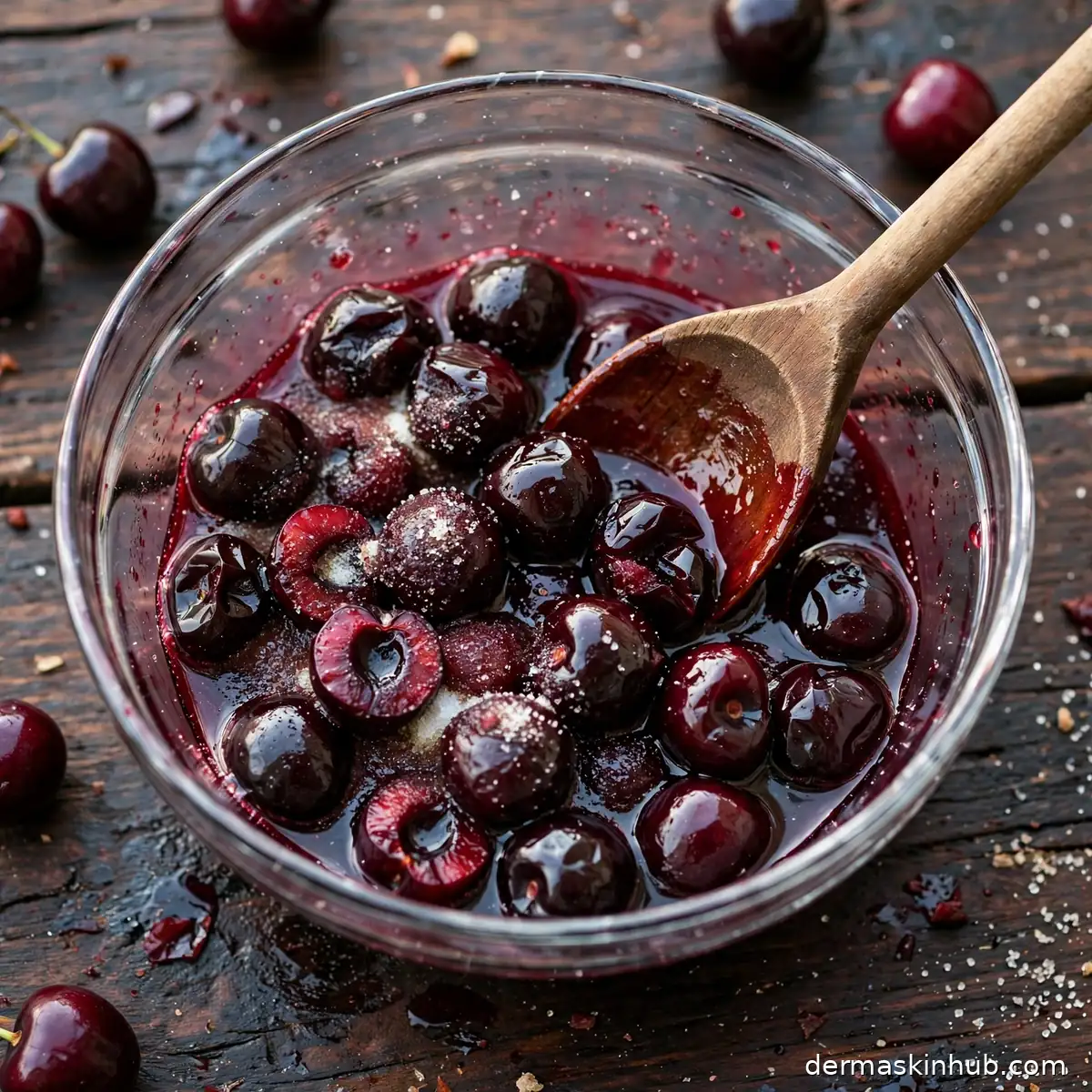 Dark cherries macerating with sugar in a glass bowl