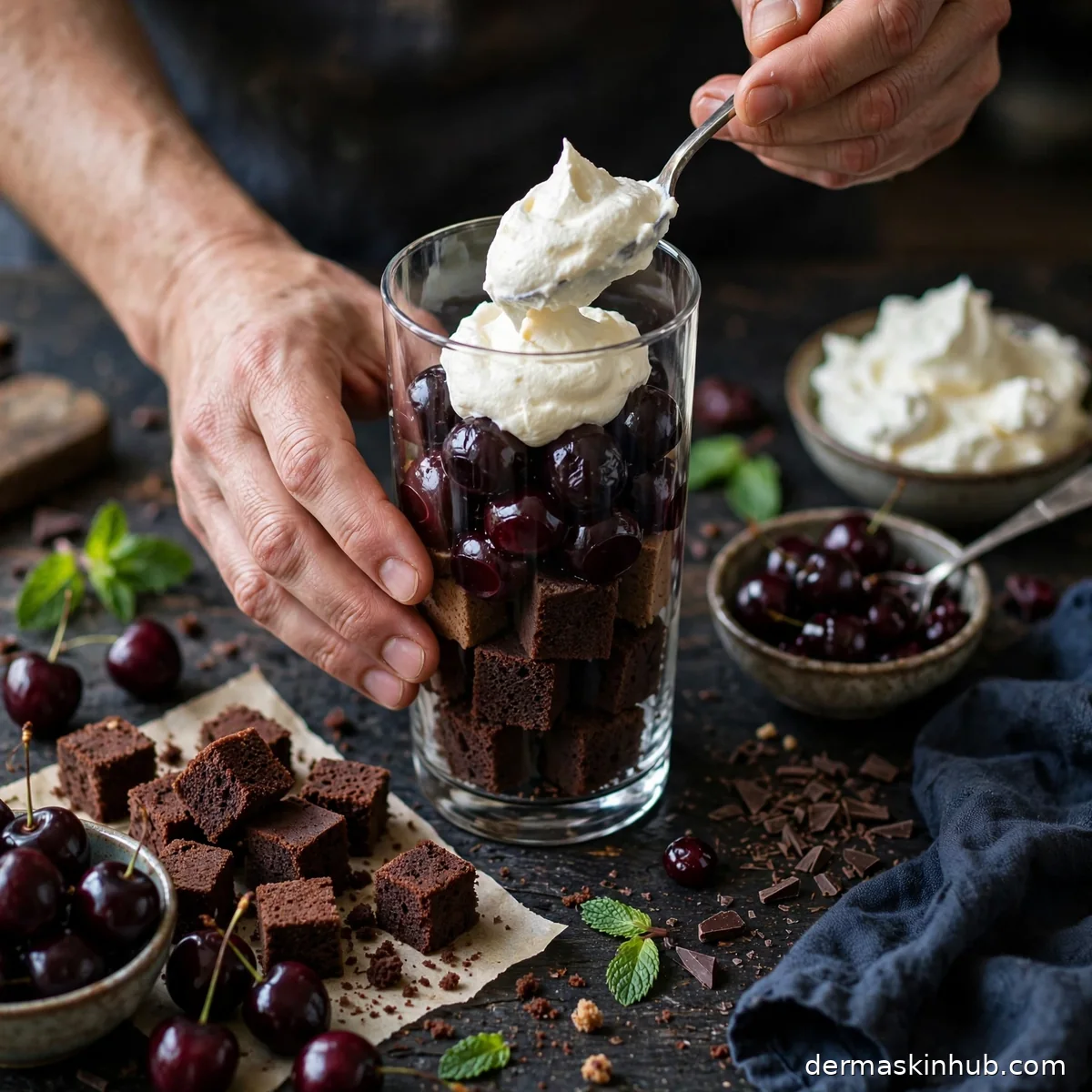 Layering chocolate cake cubes, cherries and cream in a trifle glass