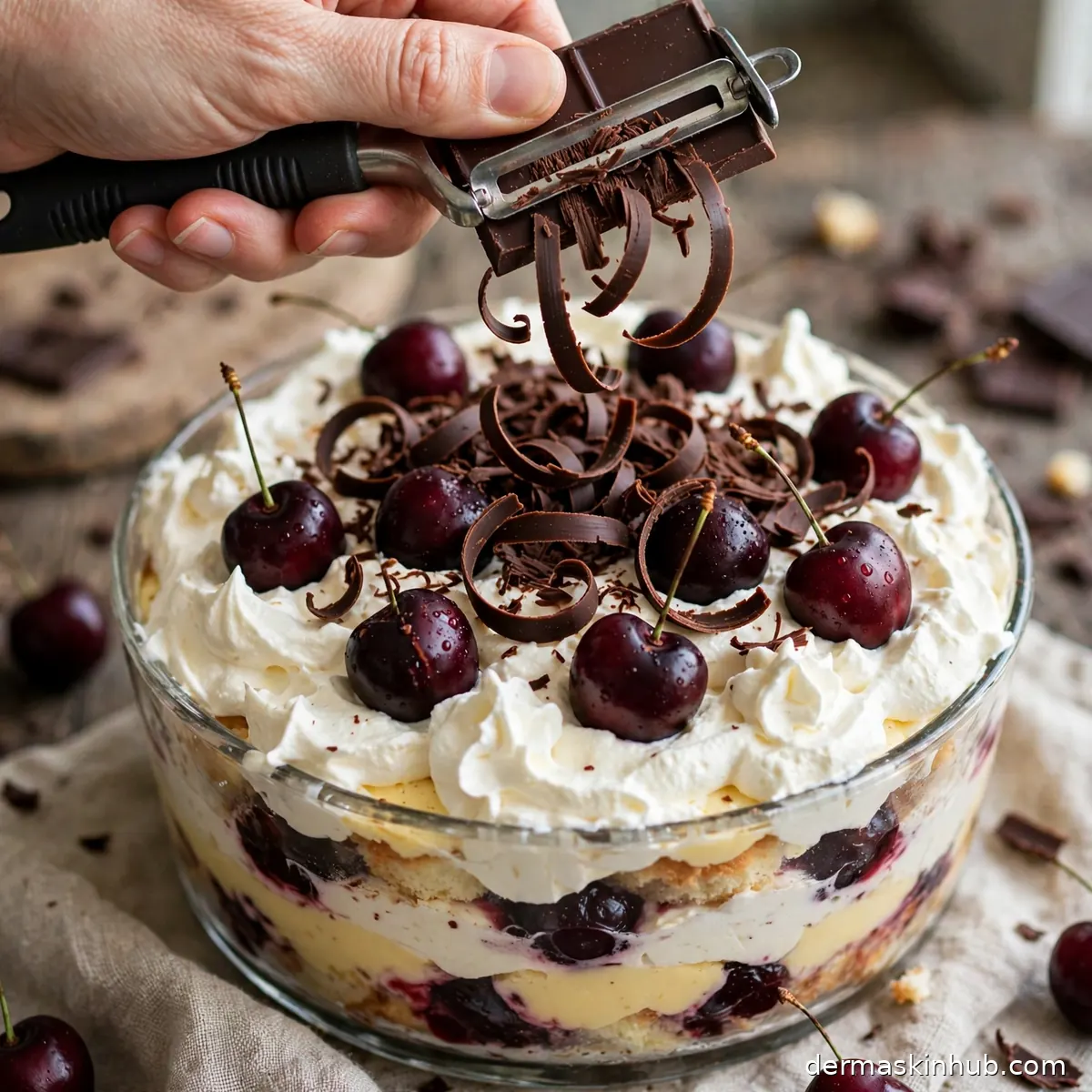 Topping the trifle with whipped cream, cherries and chocolate shavings