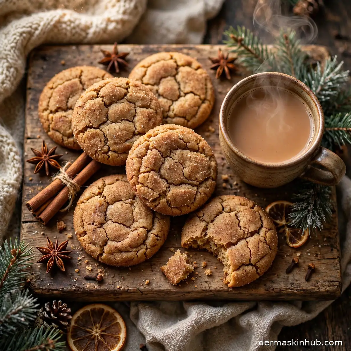 Chai-spiced cookies arranged on a rustic board with cinnamon sticks and a cup of chai