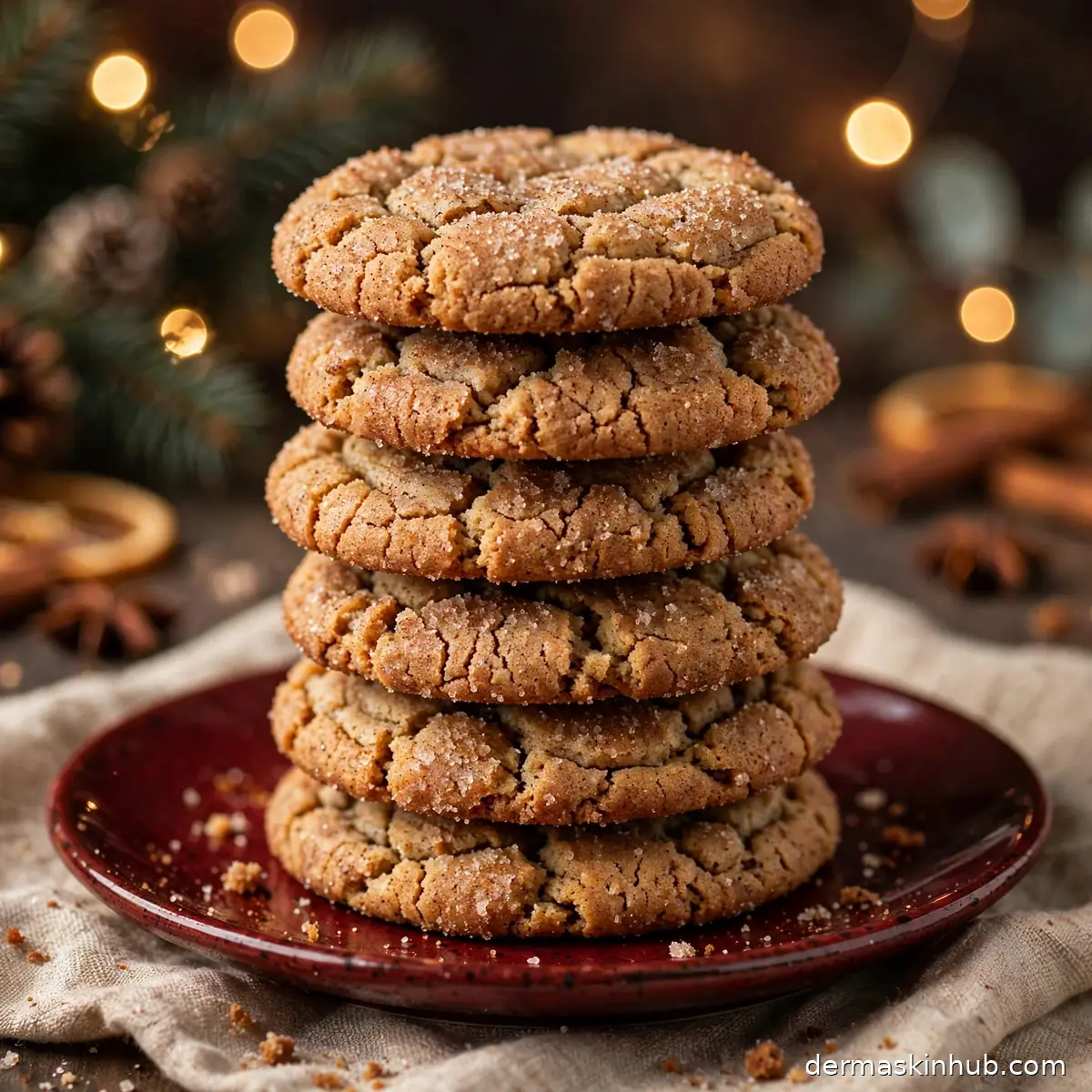 Stack of chewy chai-spiced snickerdoodle cookies with crackled tops on a Christmas plate