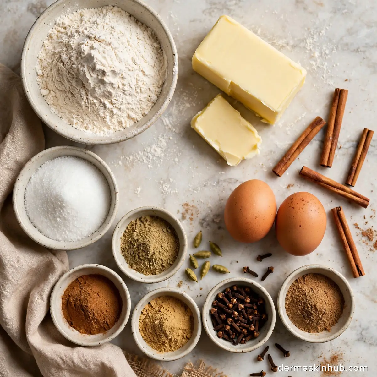 Ingredients for chai cookies: flour, butter, sugar, eggs and chai spices in small bowls
