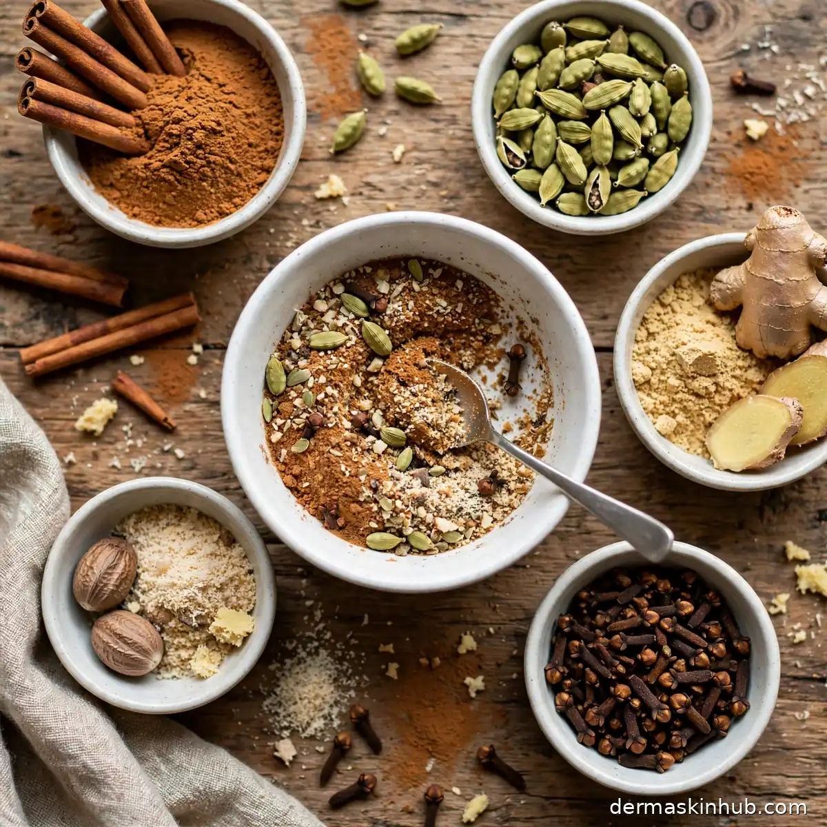 Mixing chai spice blend with cinnamon, cardamom and ginger in a small bowl