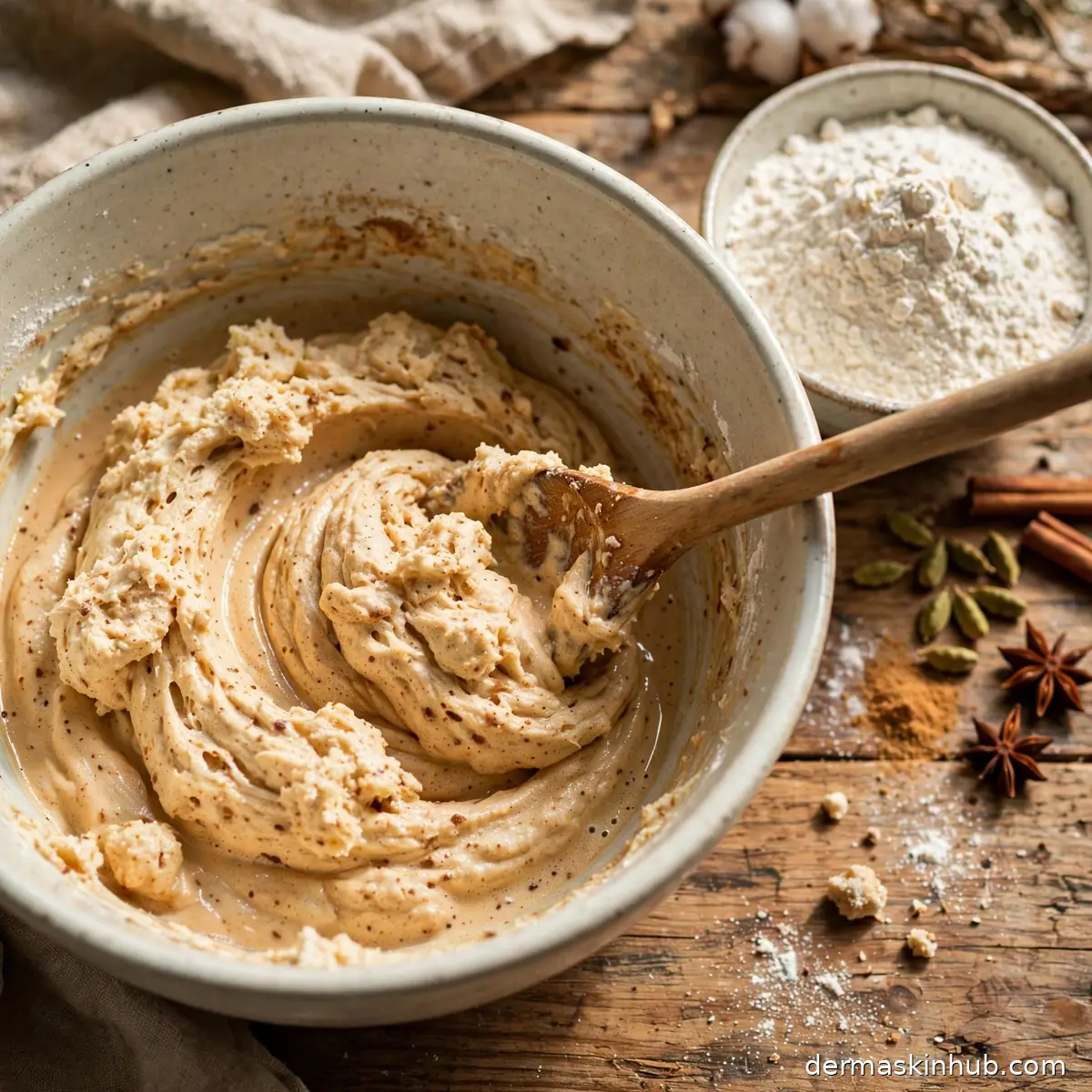 Creaming butter and sugar then mixing chai cookie dough in a bowl