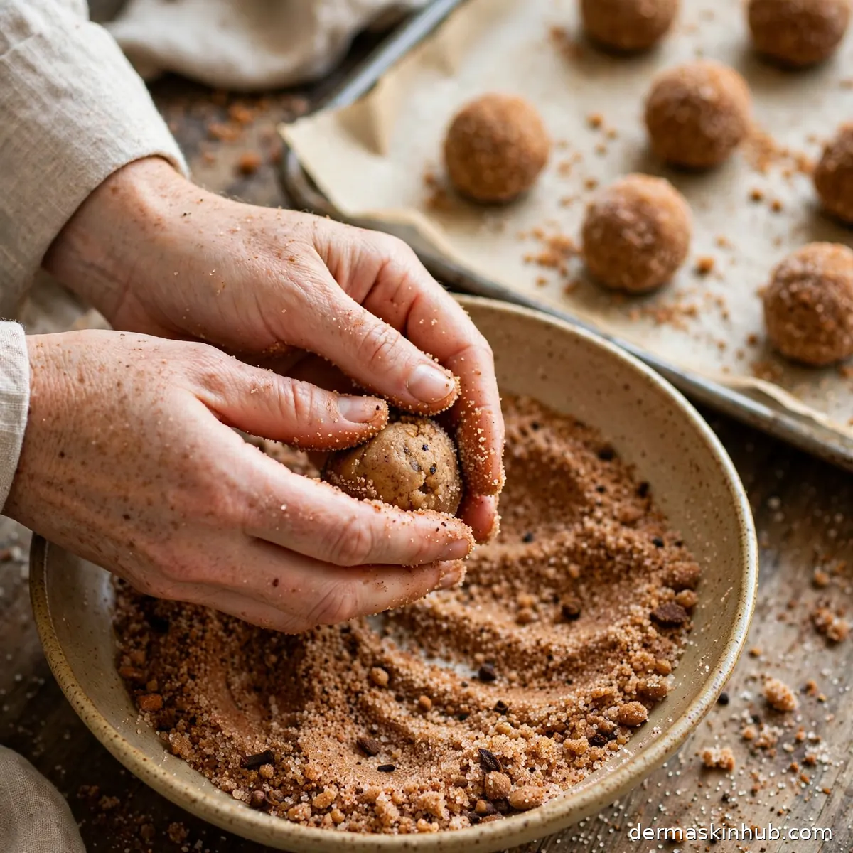 Rolling chai cookie dough balls in spiced sugar before baking