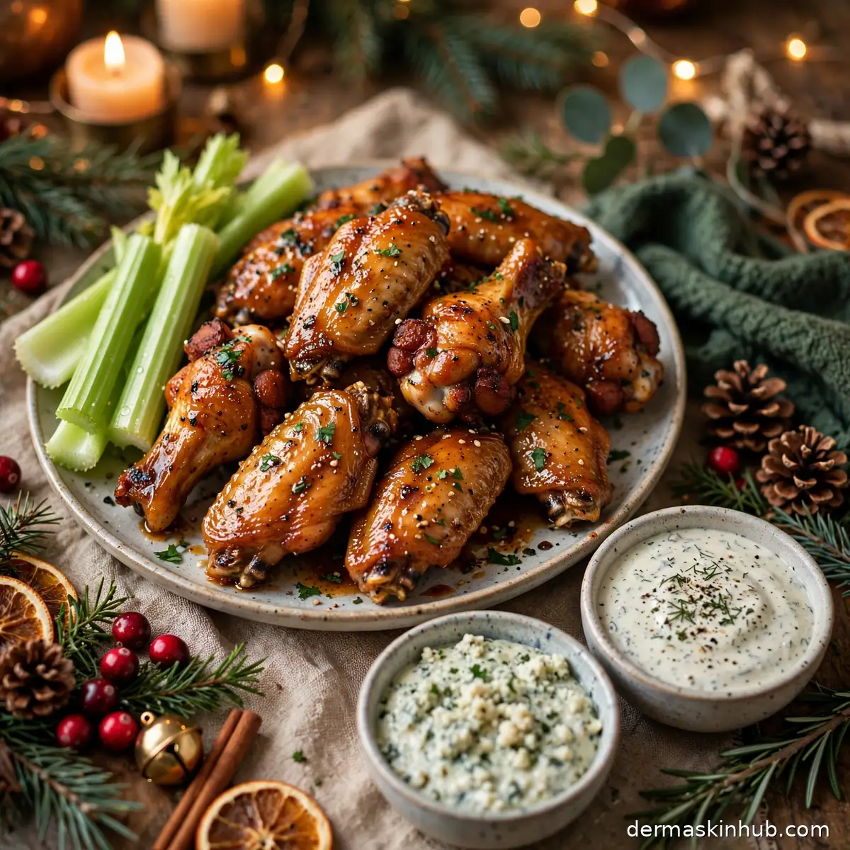 Hot maple wings on a Christmas party table with dips and celery sticks