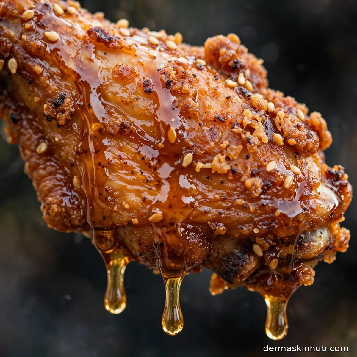 Close-up of a hot maple glazed chicken wing with caramelized sticky glaze