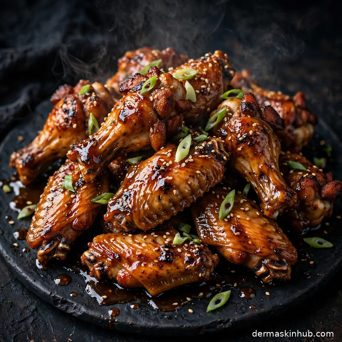 Hot maple glazed chicken wings piled on a platter with sesame seeds and scallions