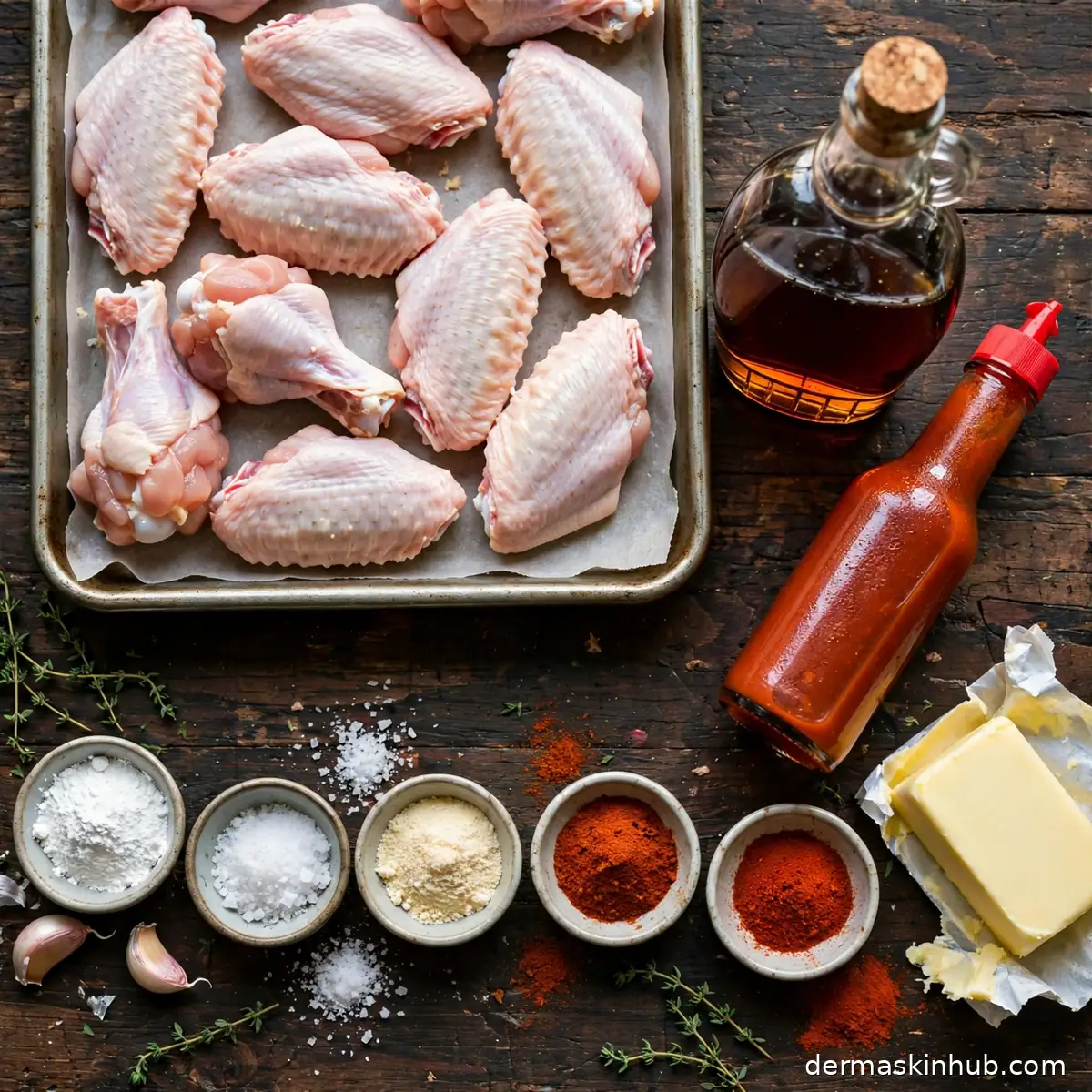 Ingredients for hot maple wings: chicken wings, maple syrup, hot sauce, butter and spices