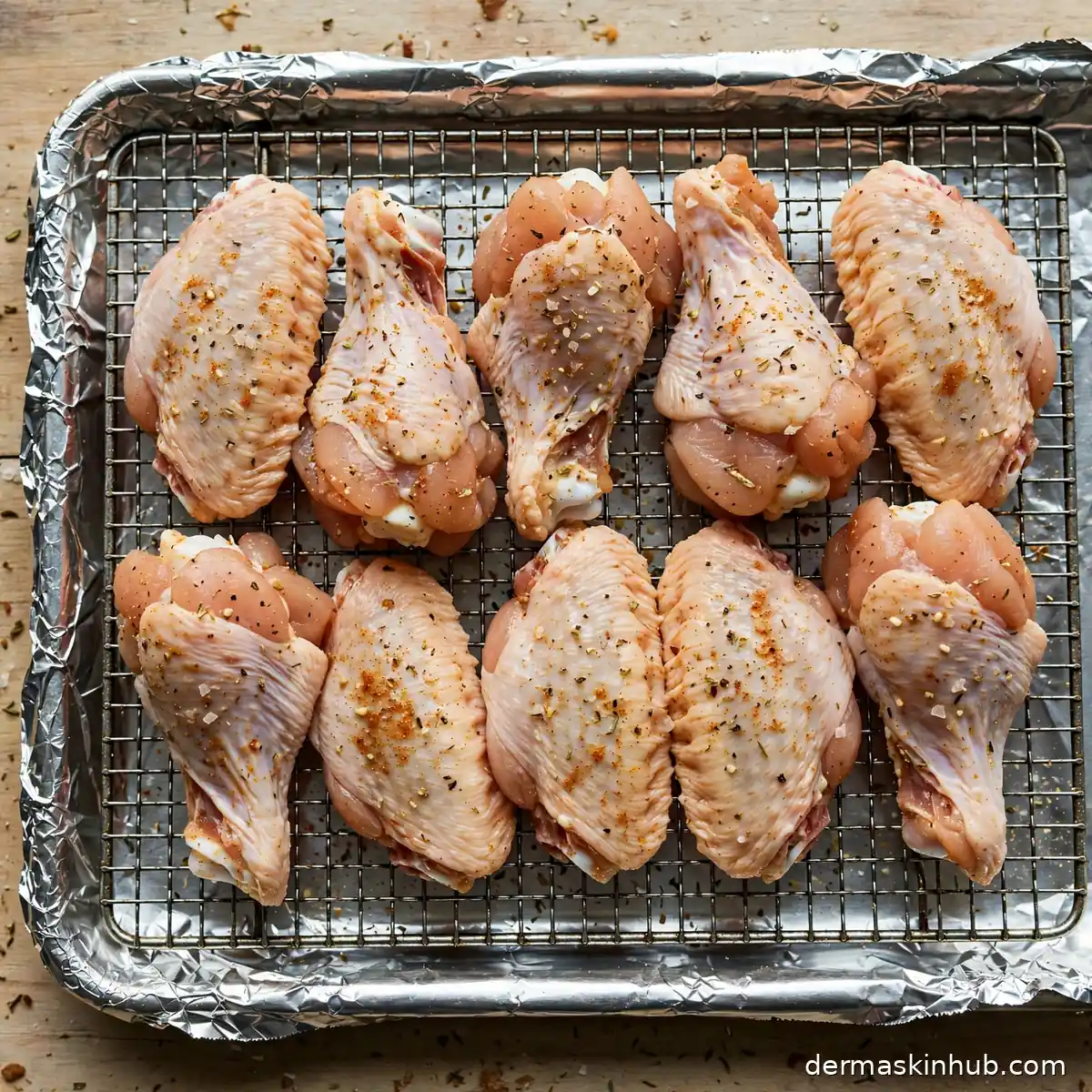 Seasoned chicken wings arranged on a wire rack ready for the oven