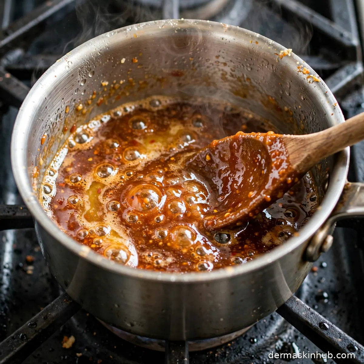 Simmering hot maple glaze with butter and hot sauce in a saucepan