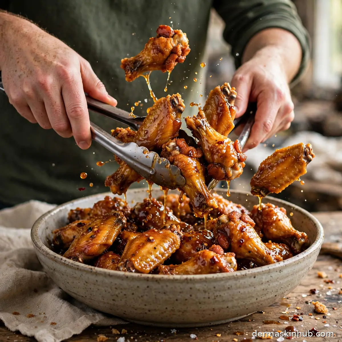 Tossing crispy baked wings in glossy hot maple glaze in a bowl